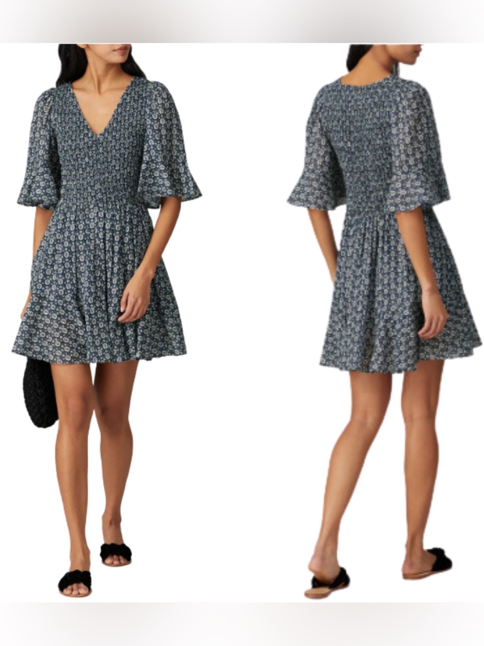 La Vie Rebecca Taylor Petula Floral Metallic Smocked Mini Dress L